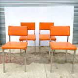 Series of 4 retro chairs in imitation orange leather MCA K6 - chrome tube structure