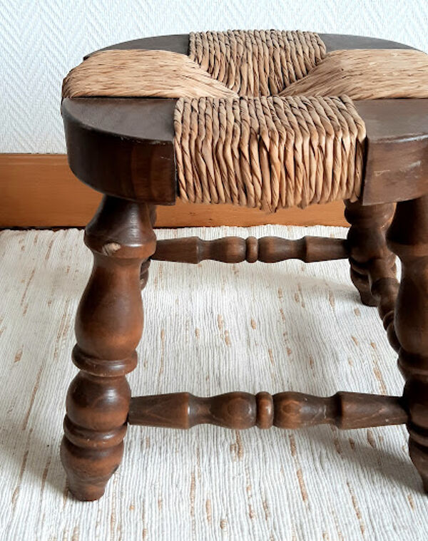 Paire de tabourets de cheminée bois et paille 1950