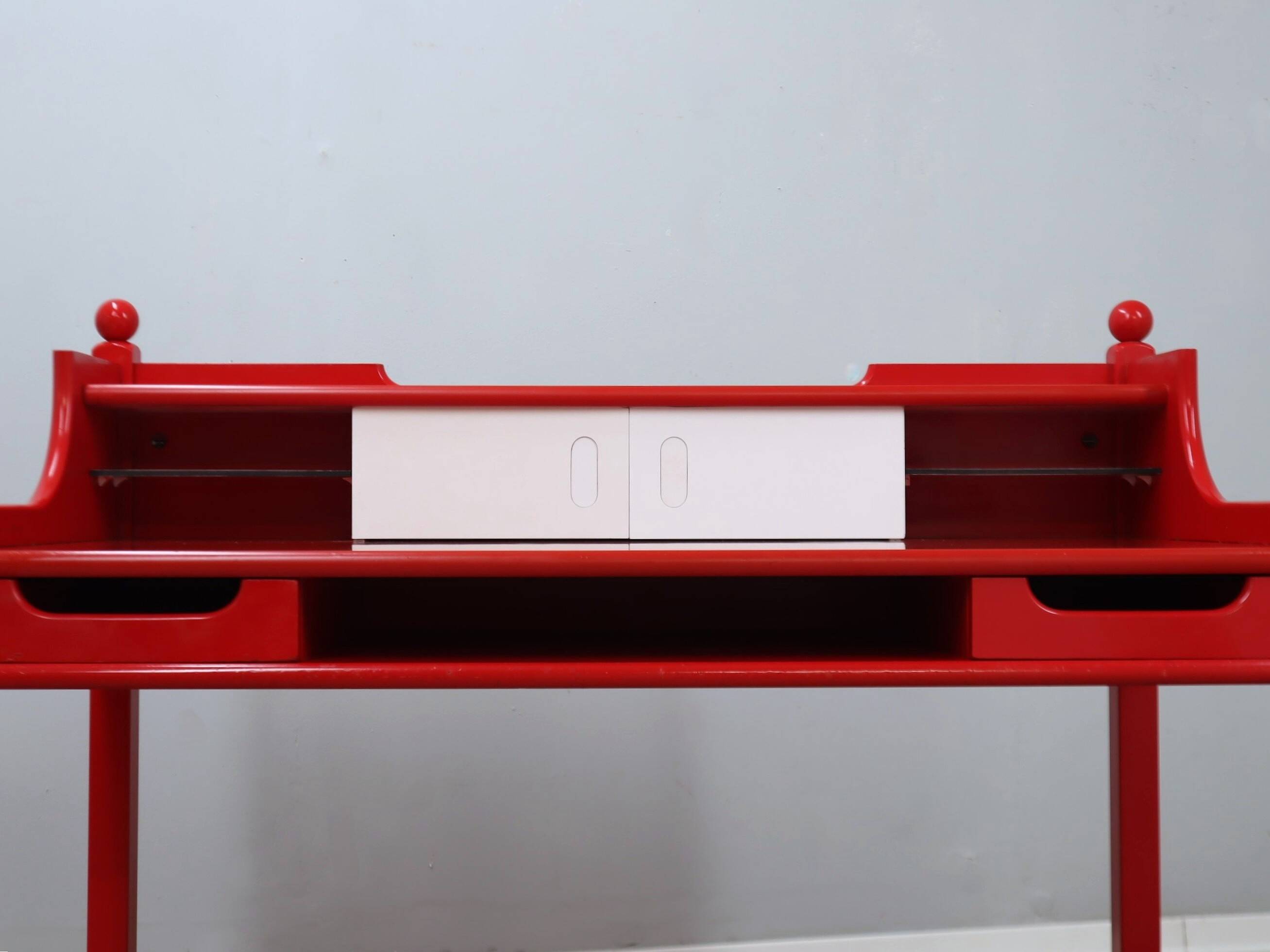 Vintage red lacquered writing desk Italian rustic design 1960s