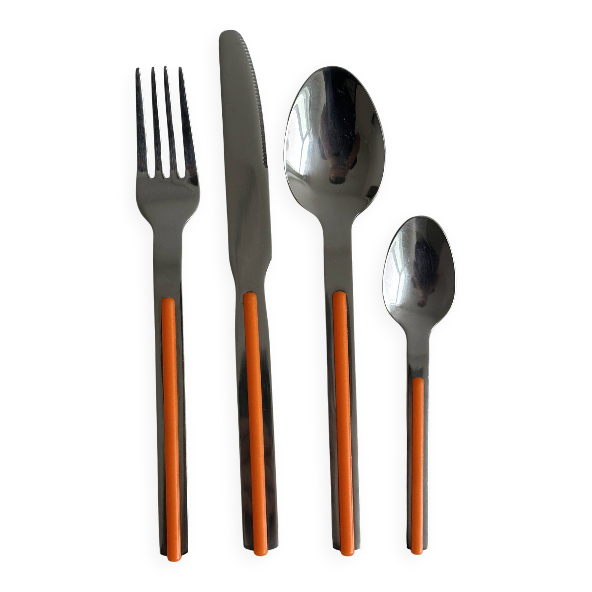 24 vintage stainless steel and orange plastic cutlery sets