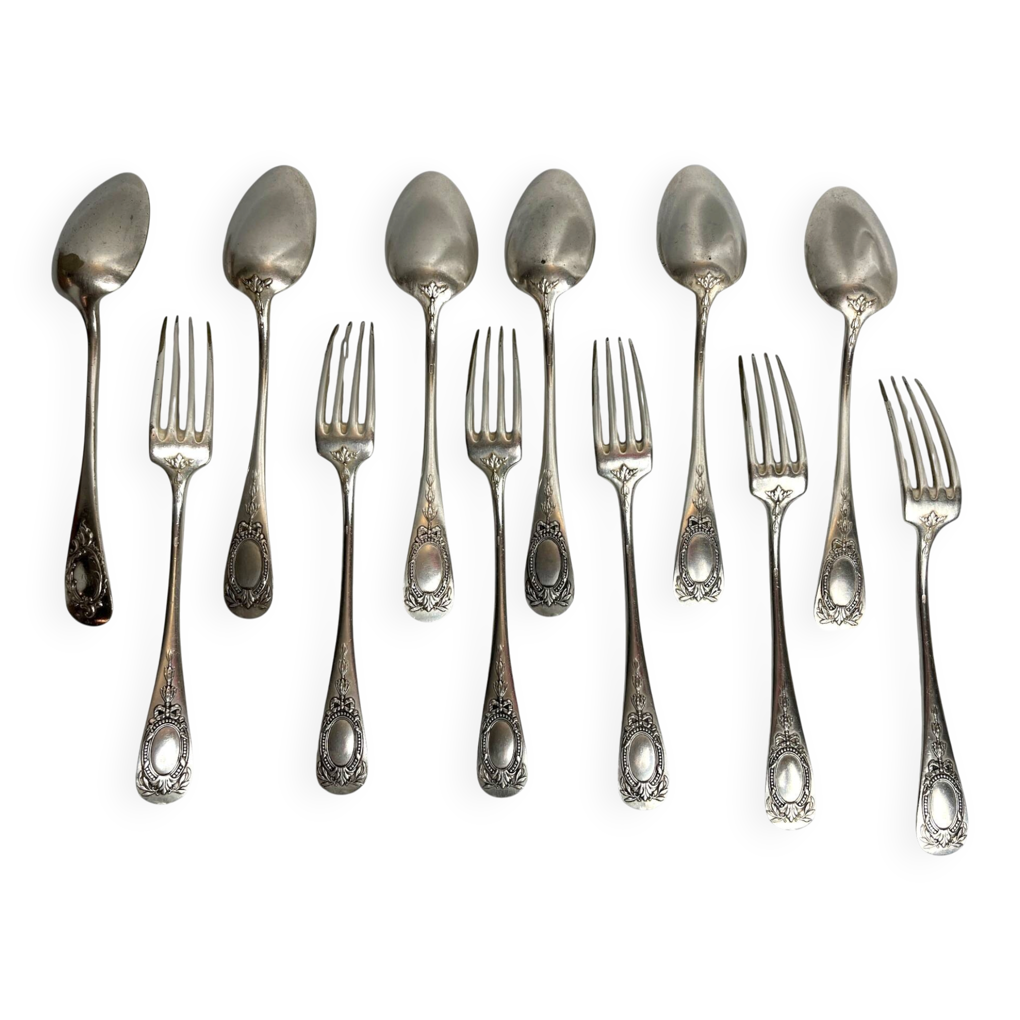 Tableware, six-piece silver-plated cutlery set by SFAM from the early 20th century.