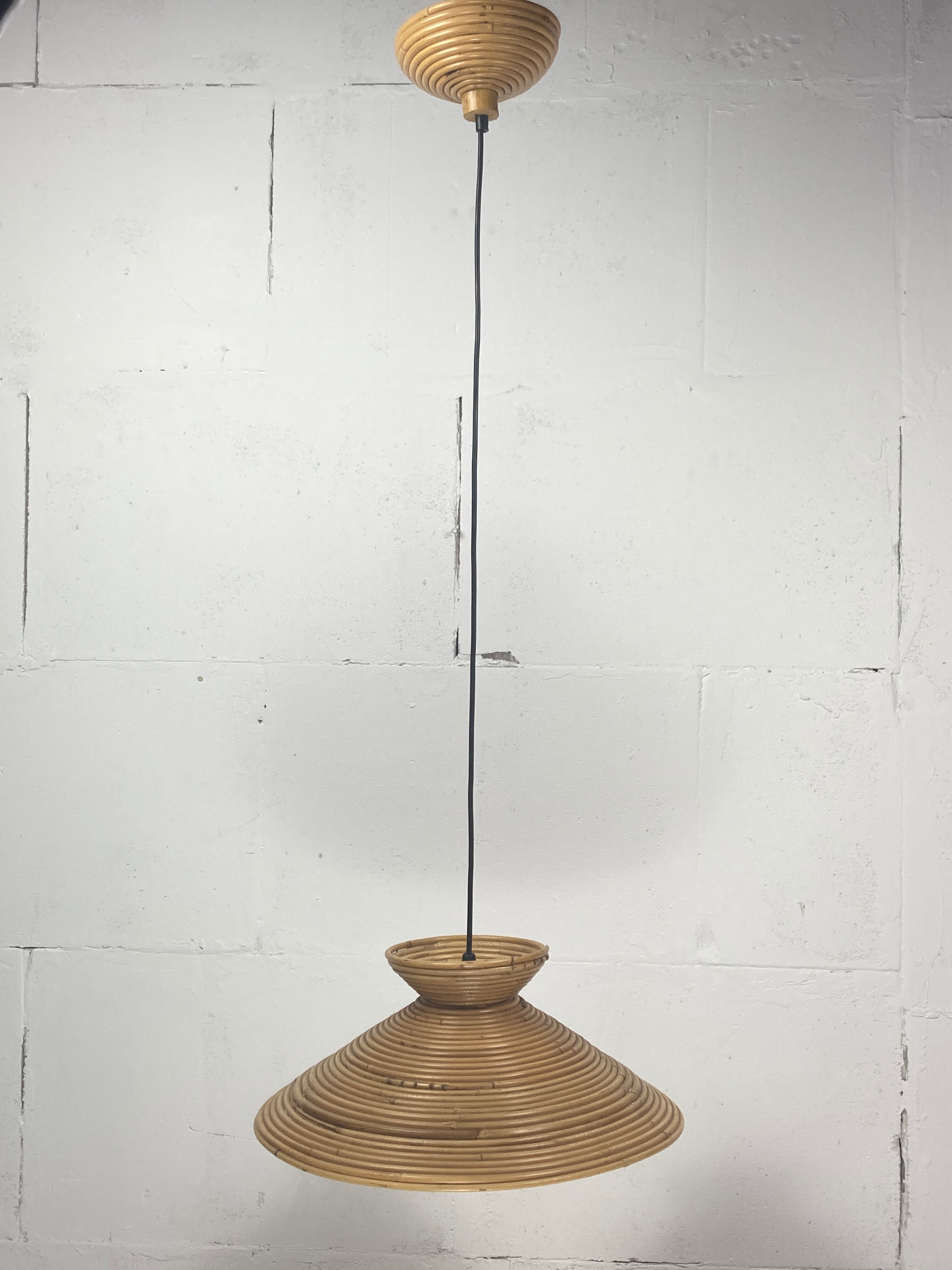 Pencil Split Reed Rattan Bamboo Pendant Lamp, Italy 1970s