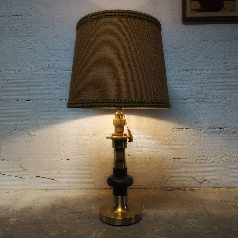 Large brass and wood lamp