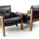 Lot de 2 chaises longues en cuir marron et noyer par Ton, Tchécoslovaquie