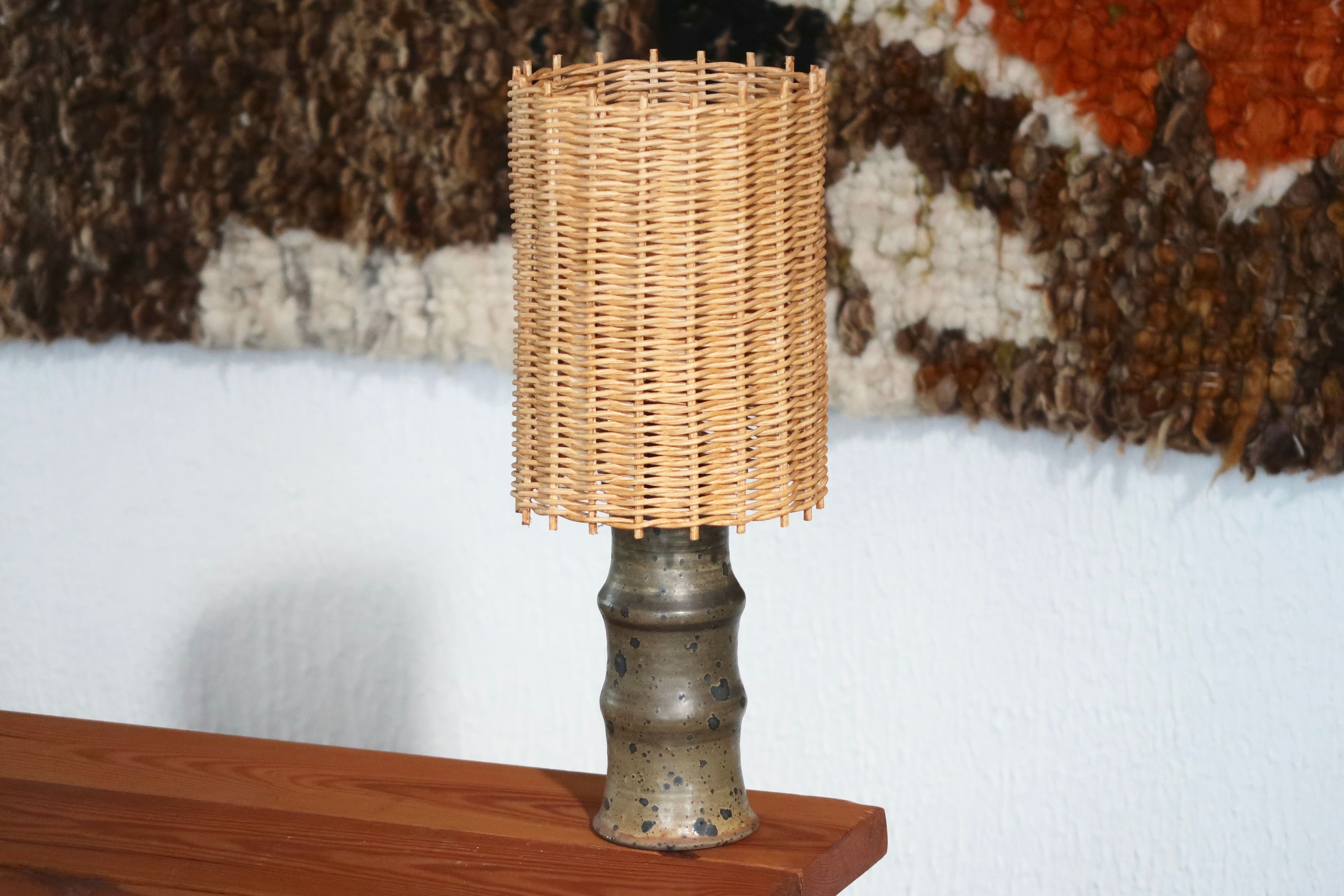 Stoneware lamp signed Rouard, wicker lampshade, 50s