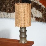 Stoneware lamp signed Rouard, wicker lampshade, 50s
