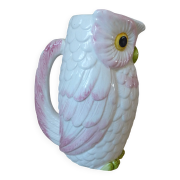 Pichet barbotine white and pink owl – Vintage Japanese, signed Fratelli Gia