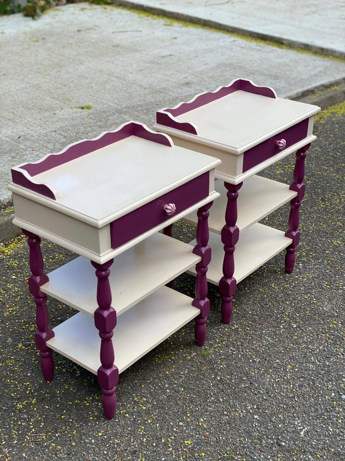 2 vintage bedside tables painted in white and purple with a drawer.
