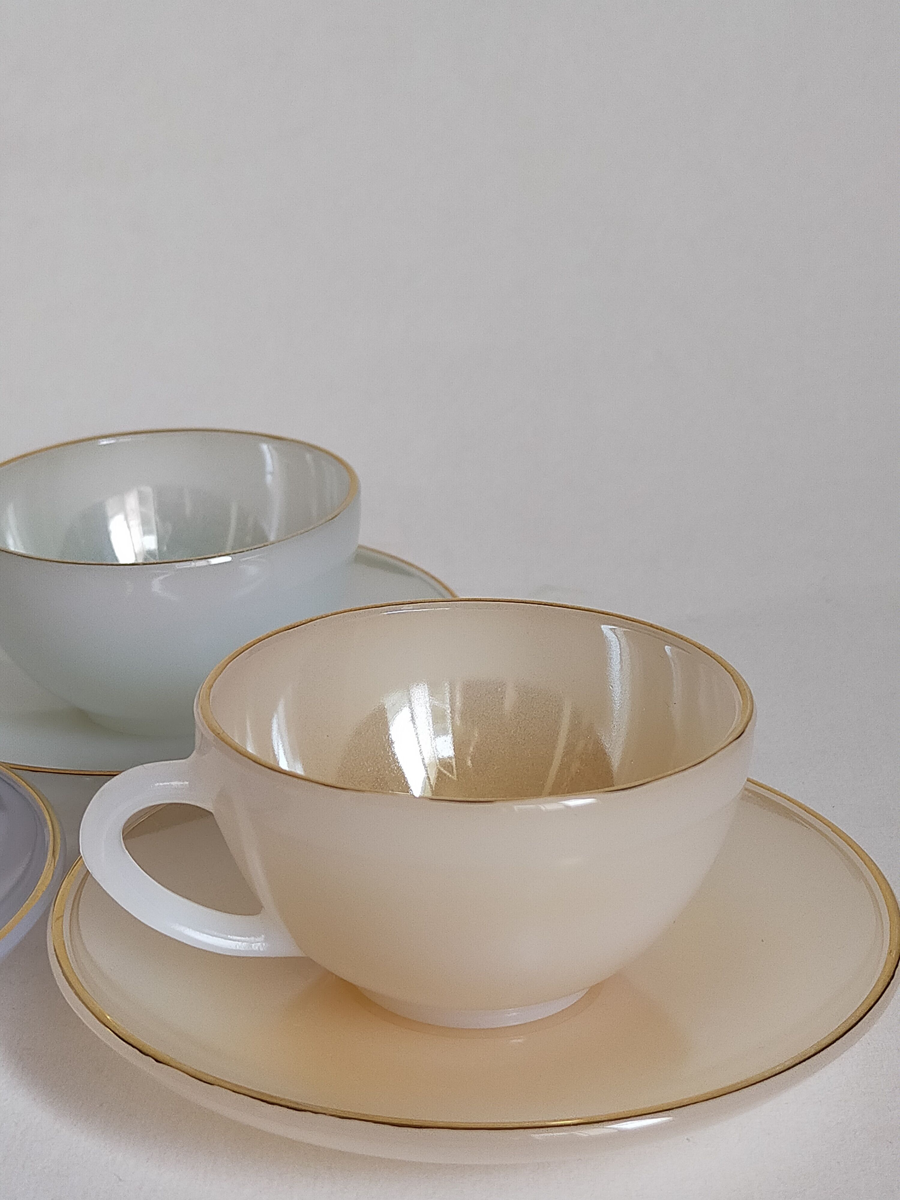 Six vintage iridescent pastel arcopal opaline cups