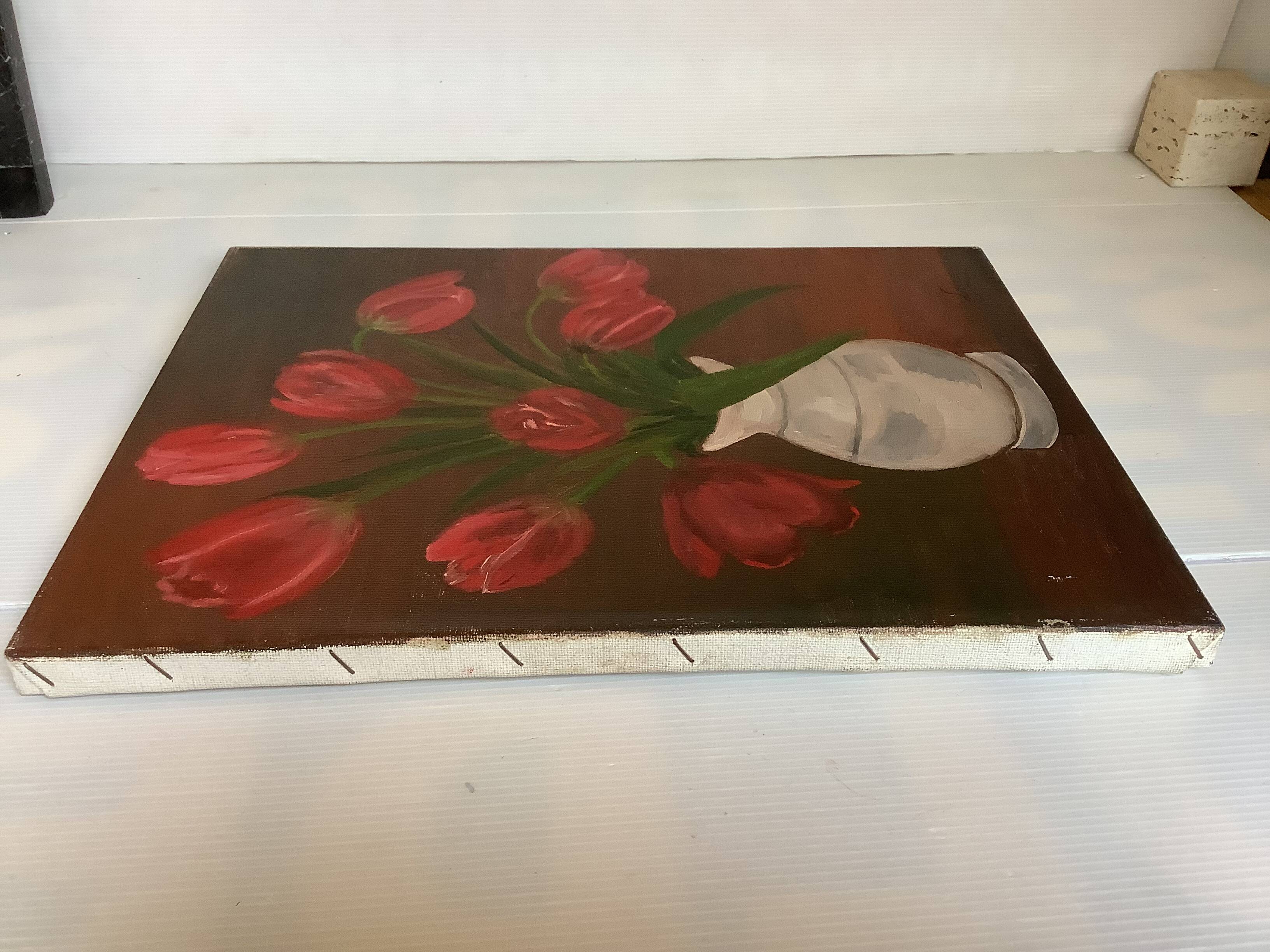 Painting bouquet of tulips oil on canvas signed