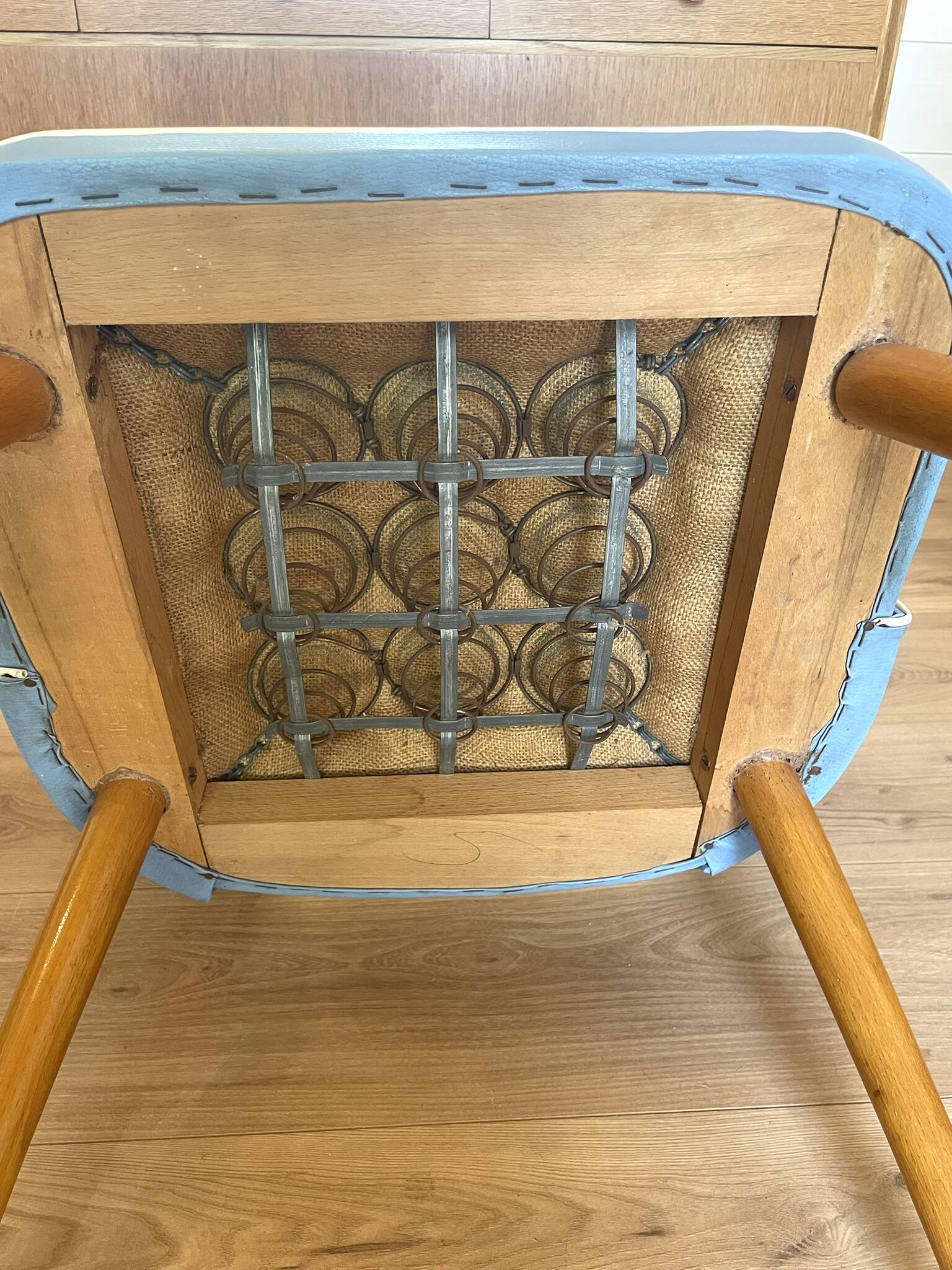 Vintage 1950s Chair Pair – Blue Faux Leather & Compass Legs (Guaric Style)