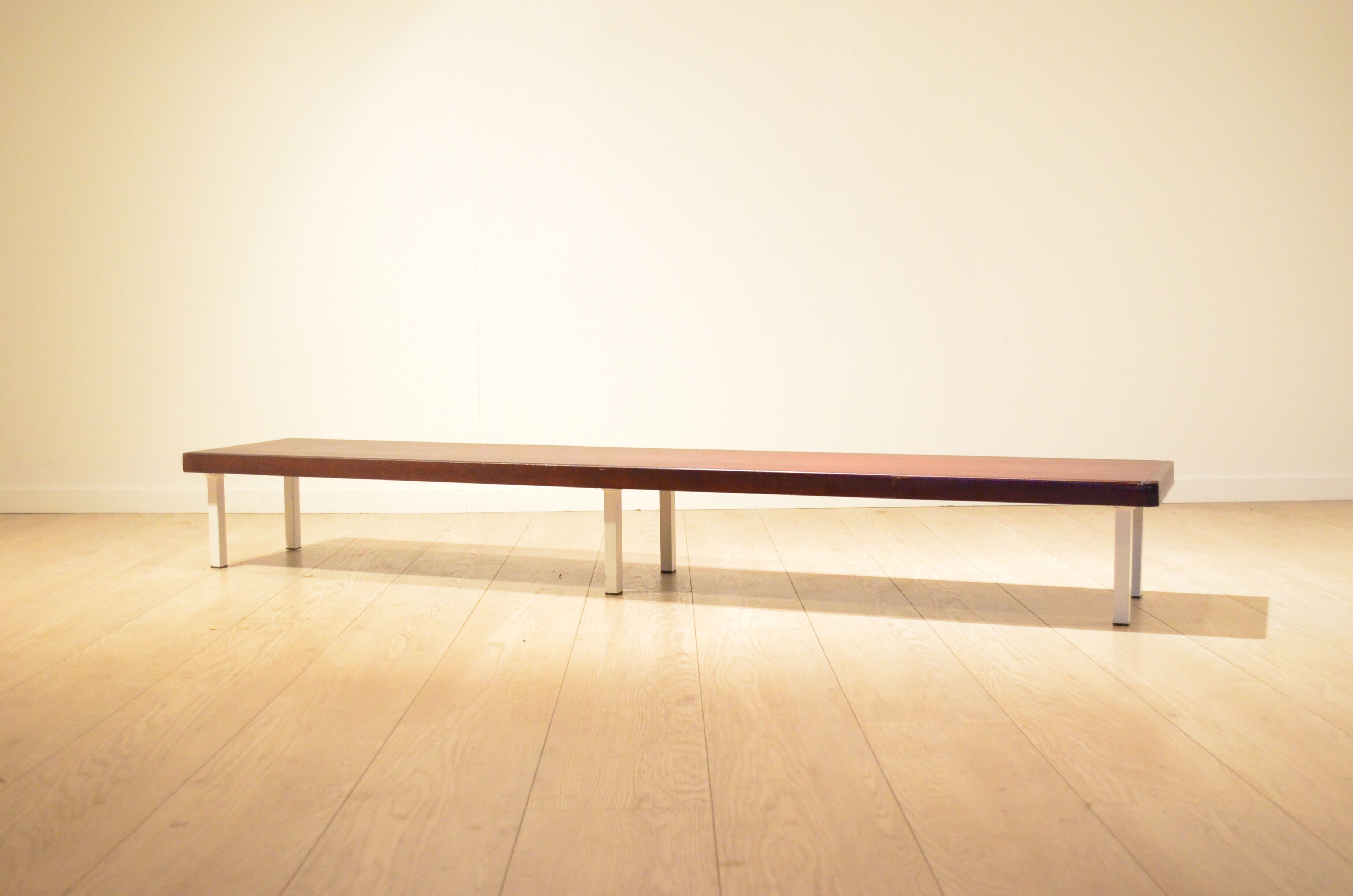 1960's industrial design: big bench mahogany and metal 1.9 m