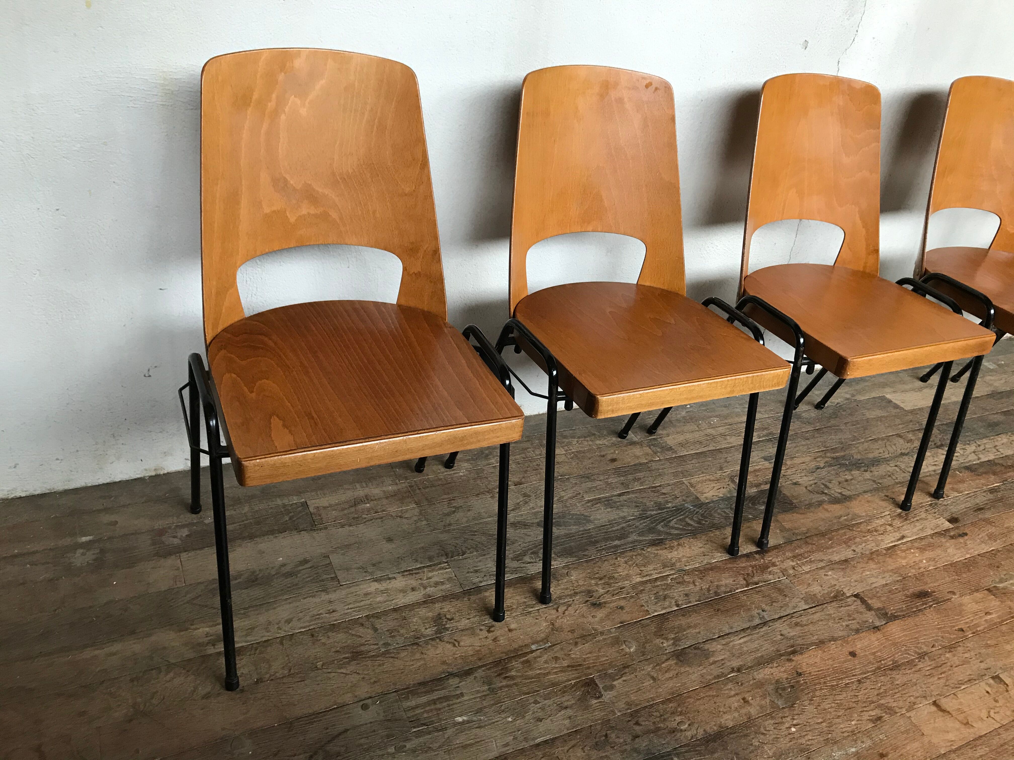 Series of 6 vintage chairs Baumann in beech design year 1950 1960