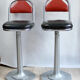 Vintage chrome metal bar stools wood and black and Red skai