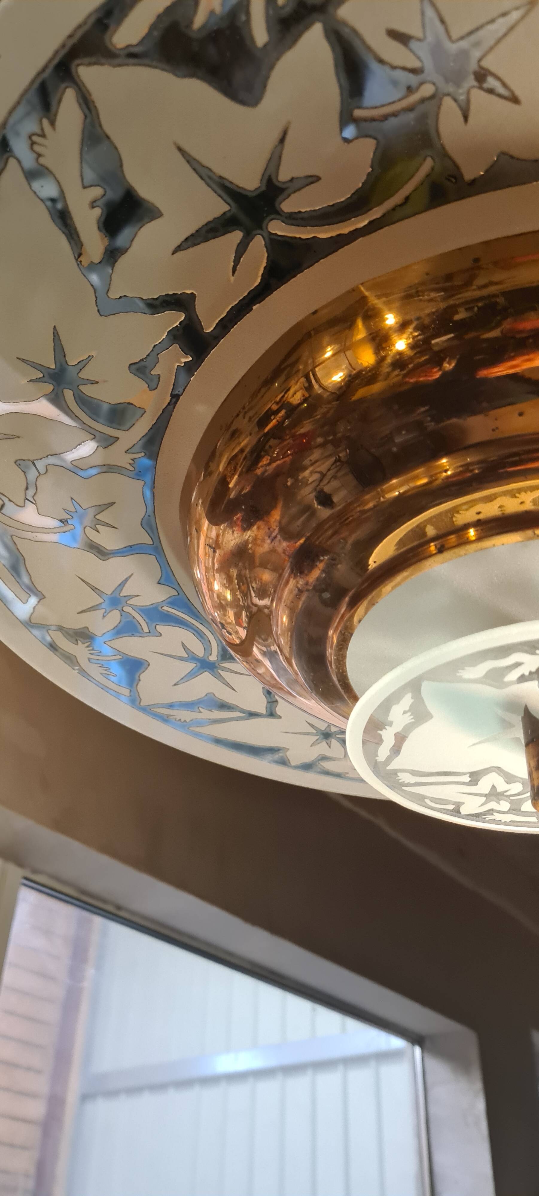 art deco suspension chandelier 1920 a 40 copper and glass very good condition 45xl49 not common