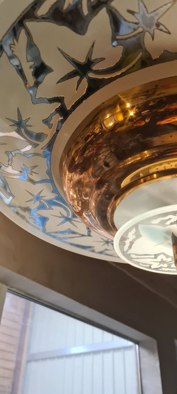 lustre suspension art deco  1920 a 40     cuivre et verre tres bon etat   45xl49 pas commun