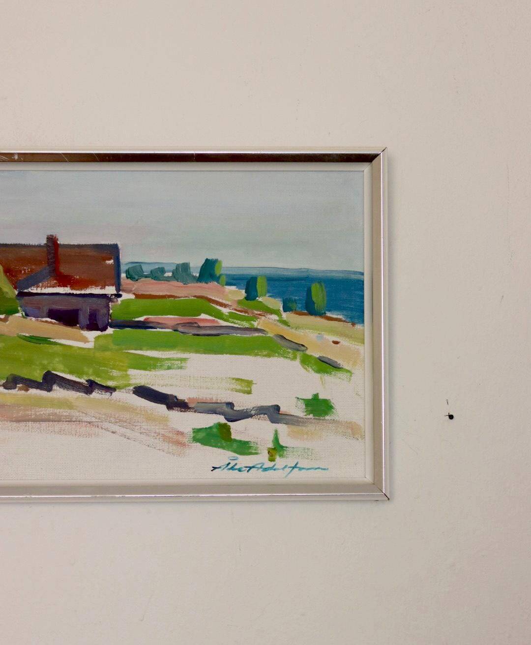 Oil painting on Swedish panel from the mid-century "House by the Sea in Öland" by Åke Adolfsson