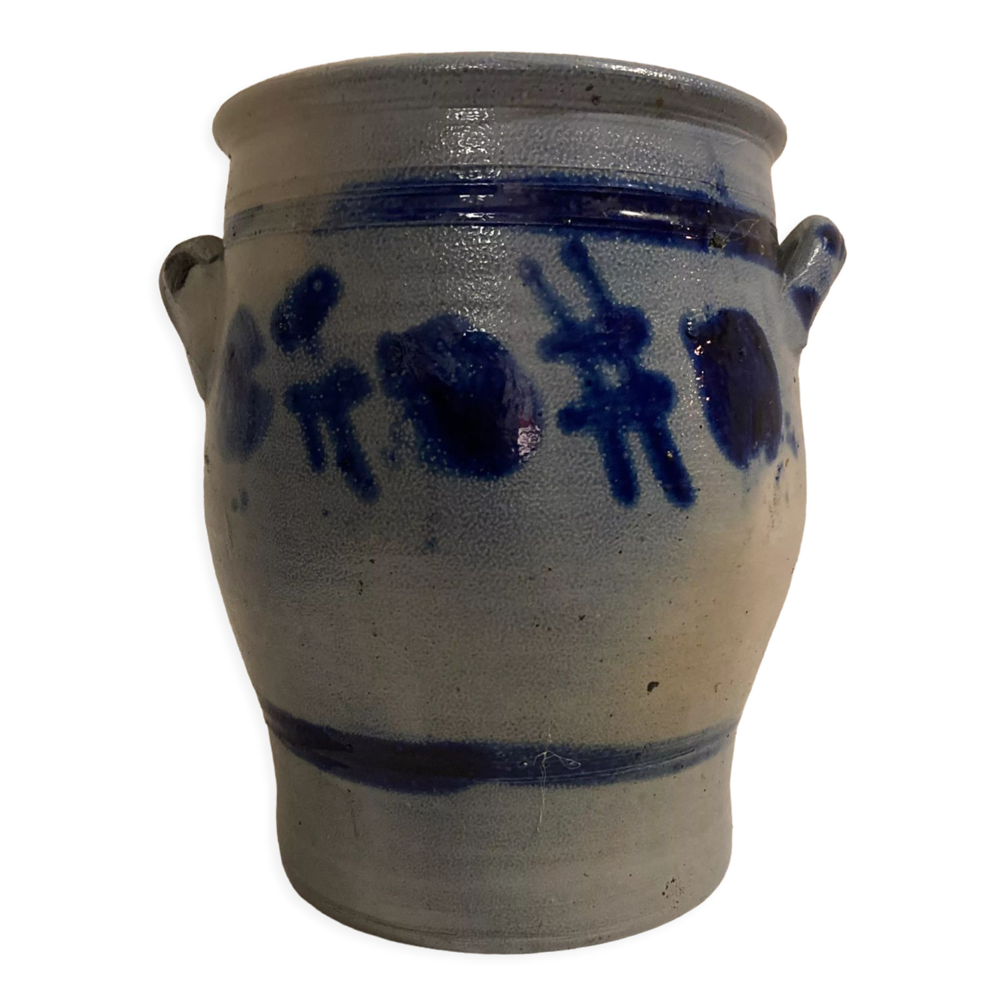Grease pot in blue-patterned stoneware