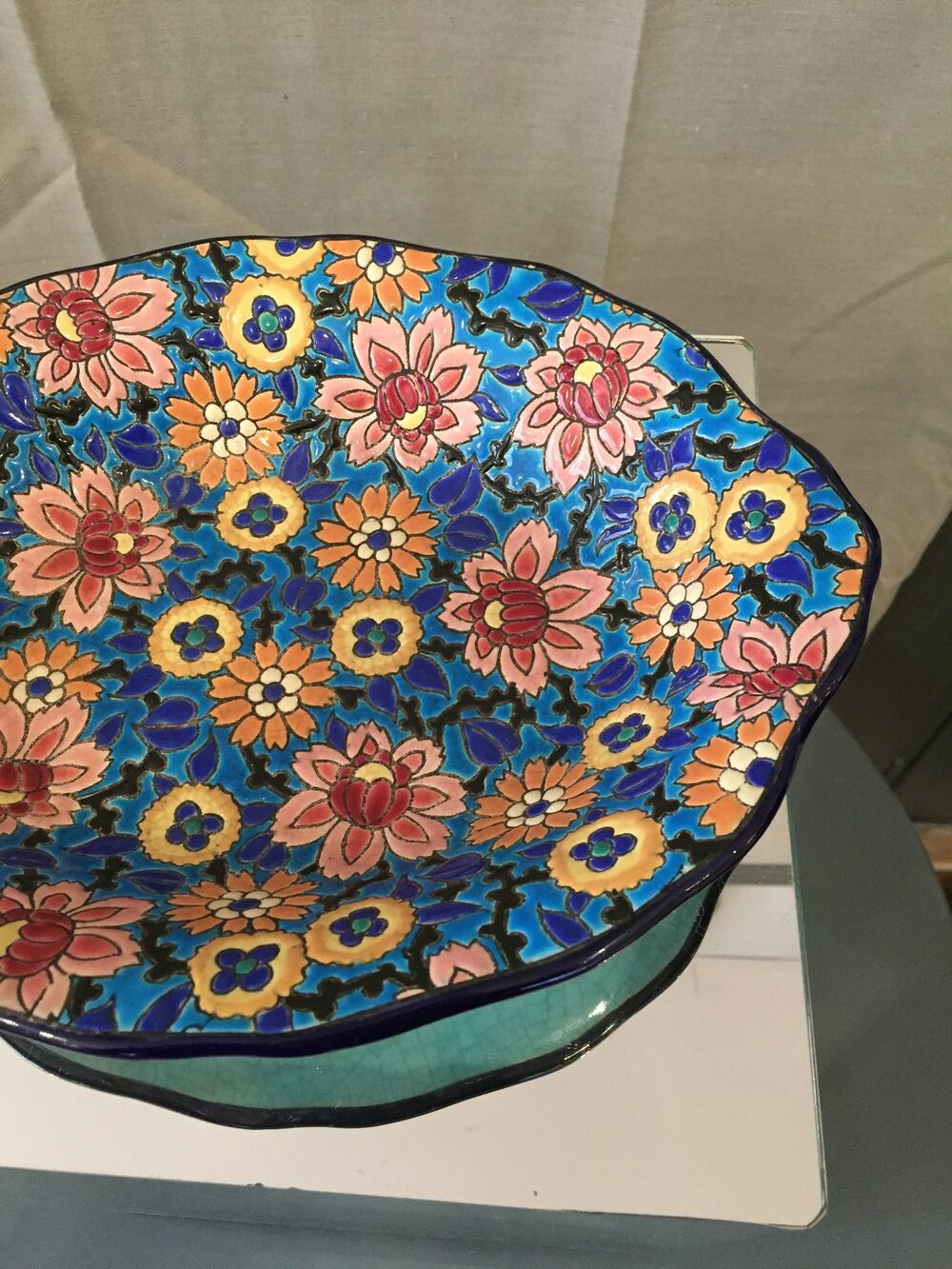 Oval fruit cup in Longwy enamels with floral decoration
