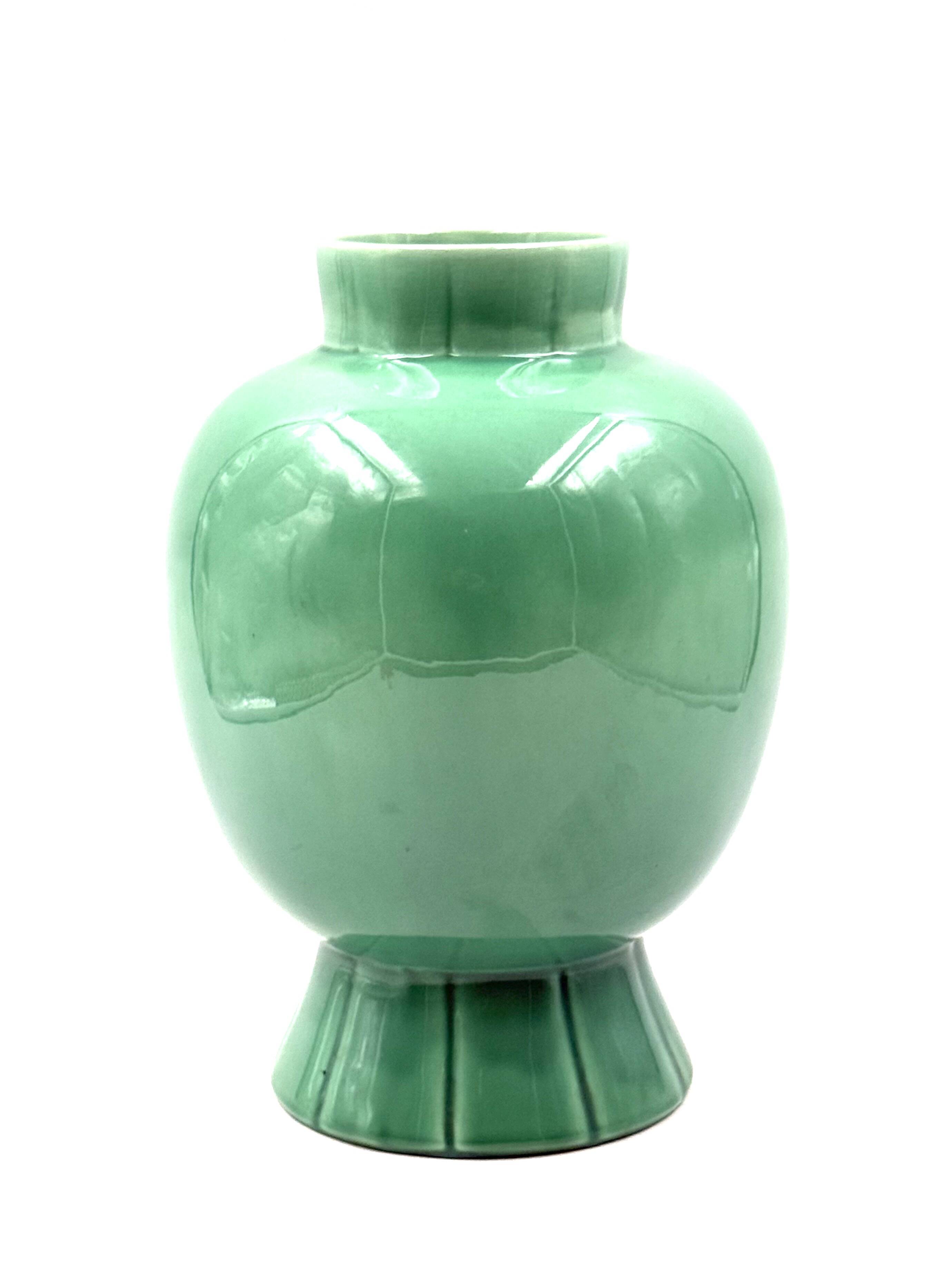 Paul Millet, Art Deco green ceramic vase, Sevres France 1930s