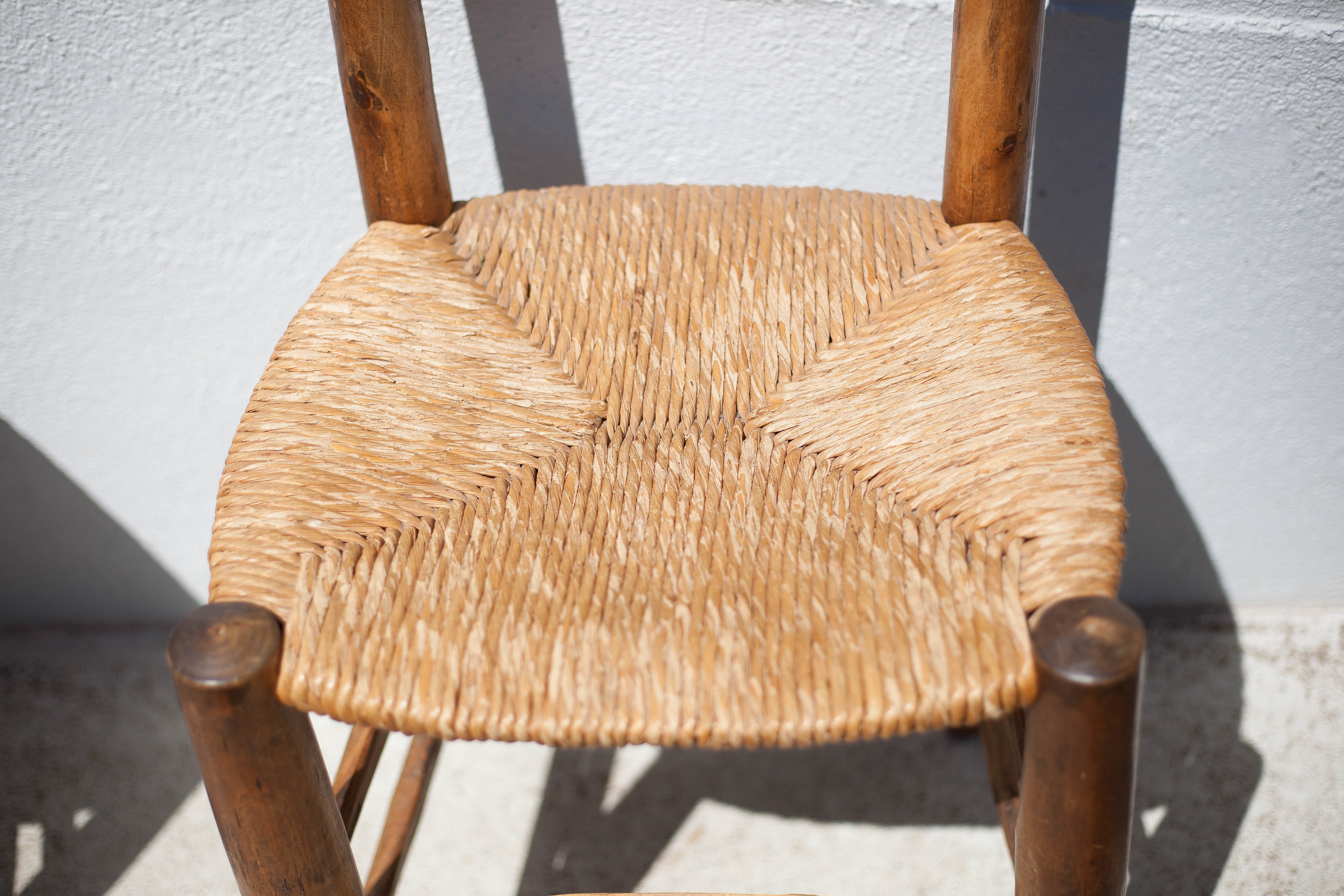 Wooden and straw chair x 4, chair with seat and straw back, chalet, countryside, decoration