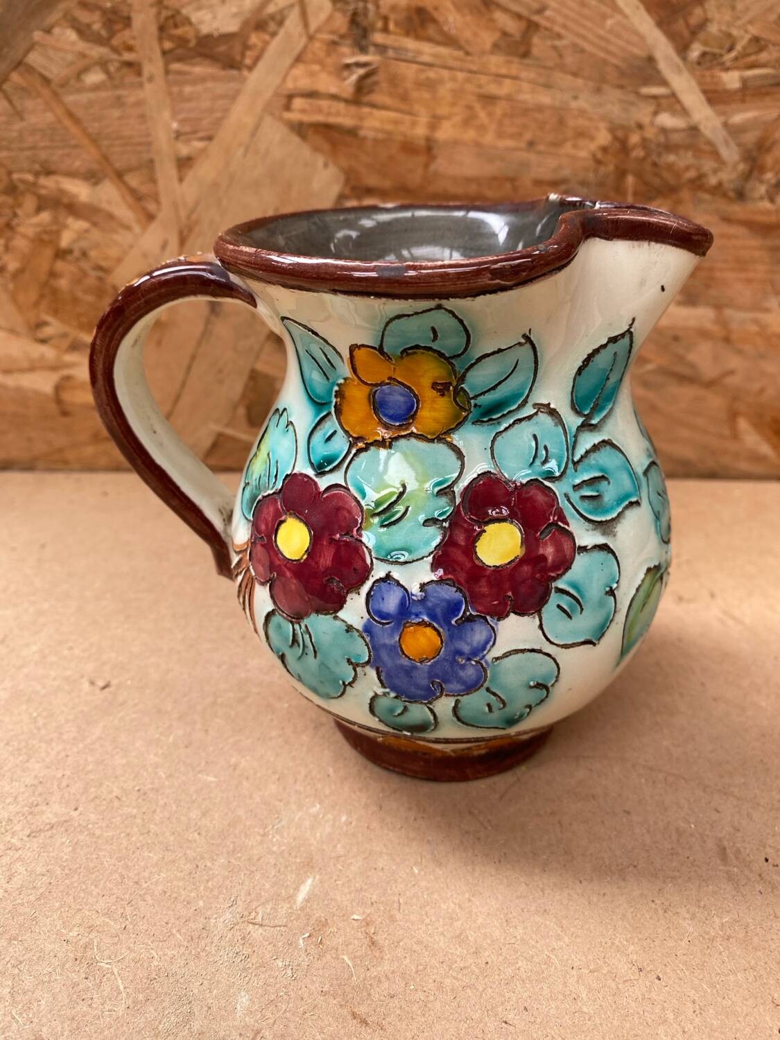 Antique cerart monaco ceramic pitcher chiseled flower decor 70's vintage