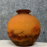 Muller frères, lunéville: ball vase with flared neck in orange marbled glass