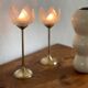 Pair of tulip-shaped candle holders in frosted glass and brass.