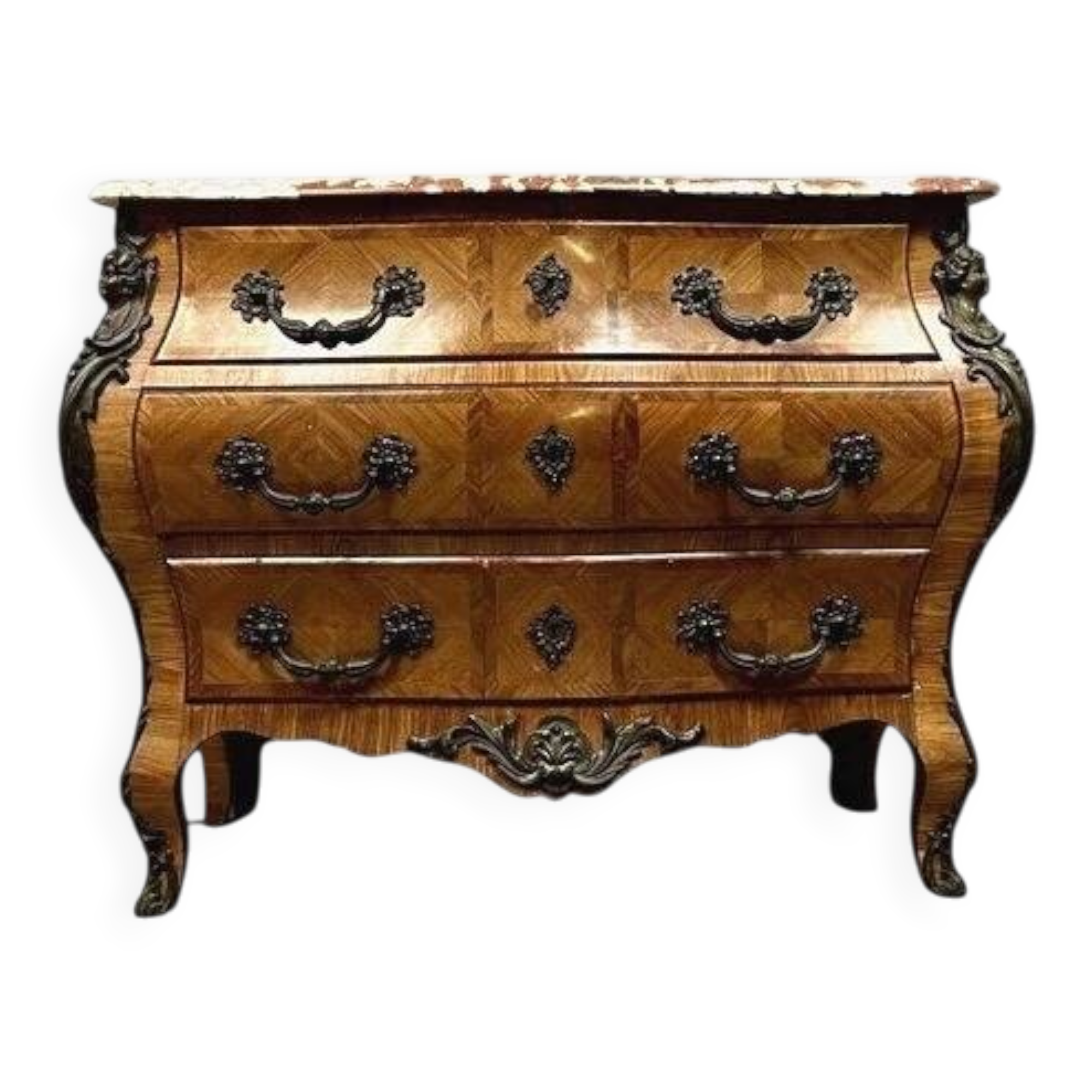 Louis XV style chest of drawers with curved caryatids on all sides in marquetry