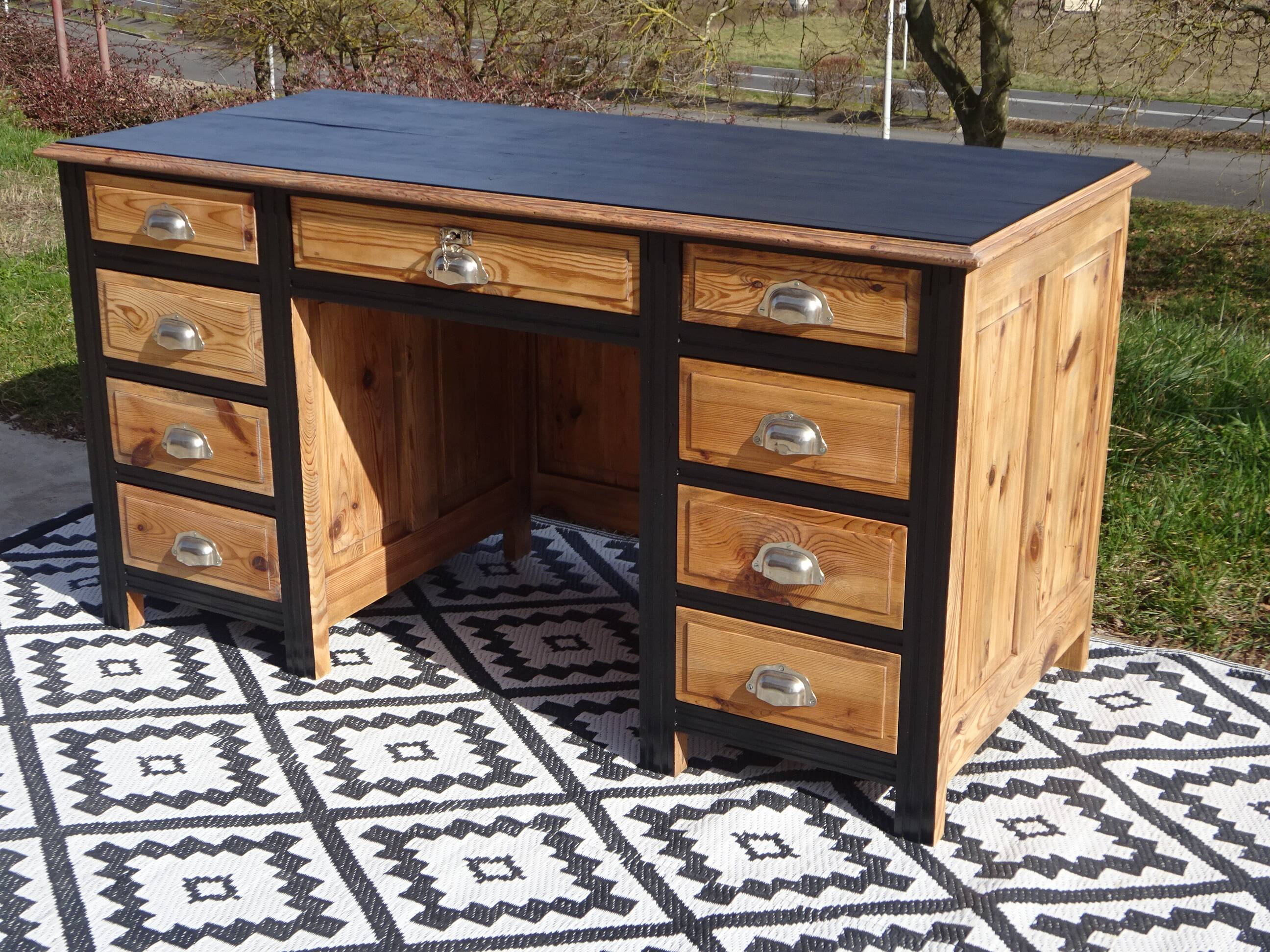Restored antique pine desk, 9 drawers