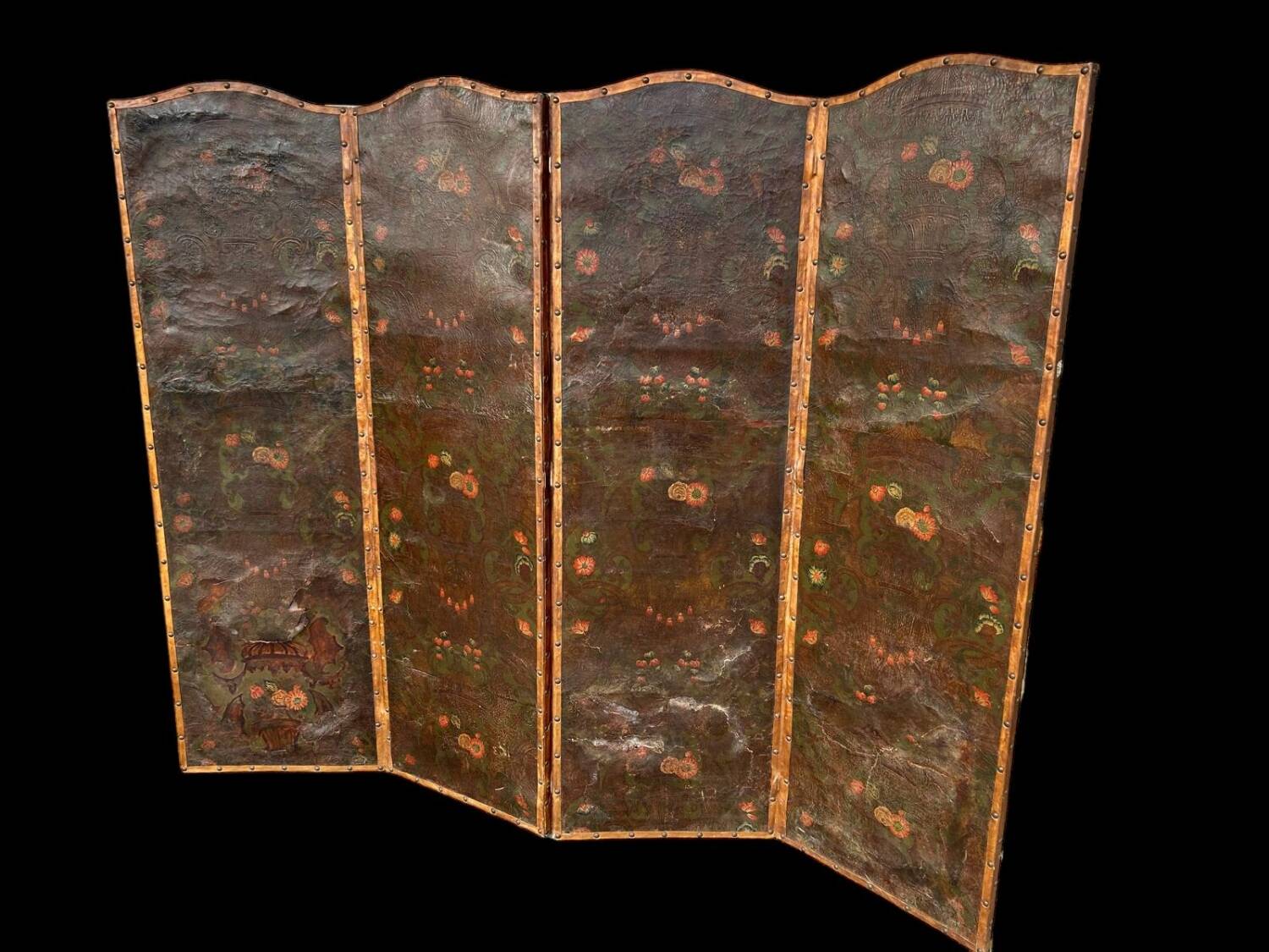 Large Four-Leaf Screen In Cordoba Leather From The Late 18th Century H 188 Cm
