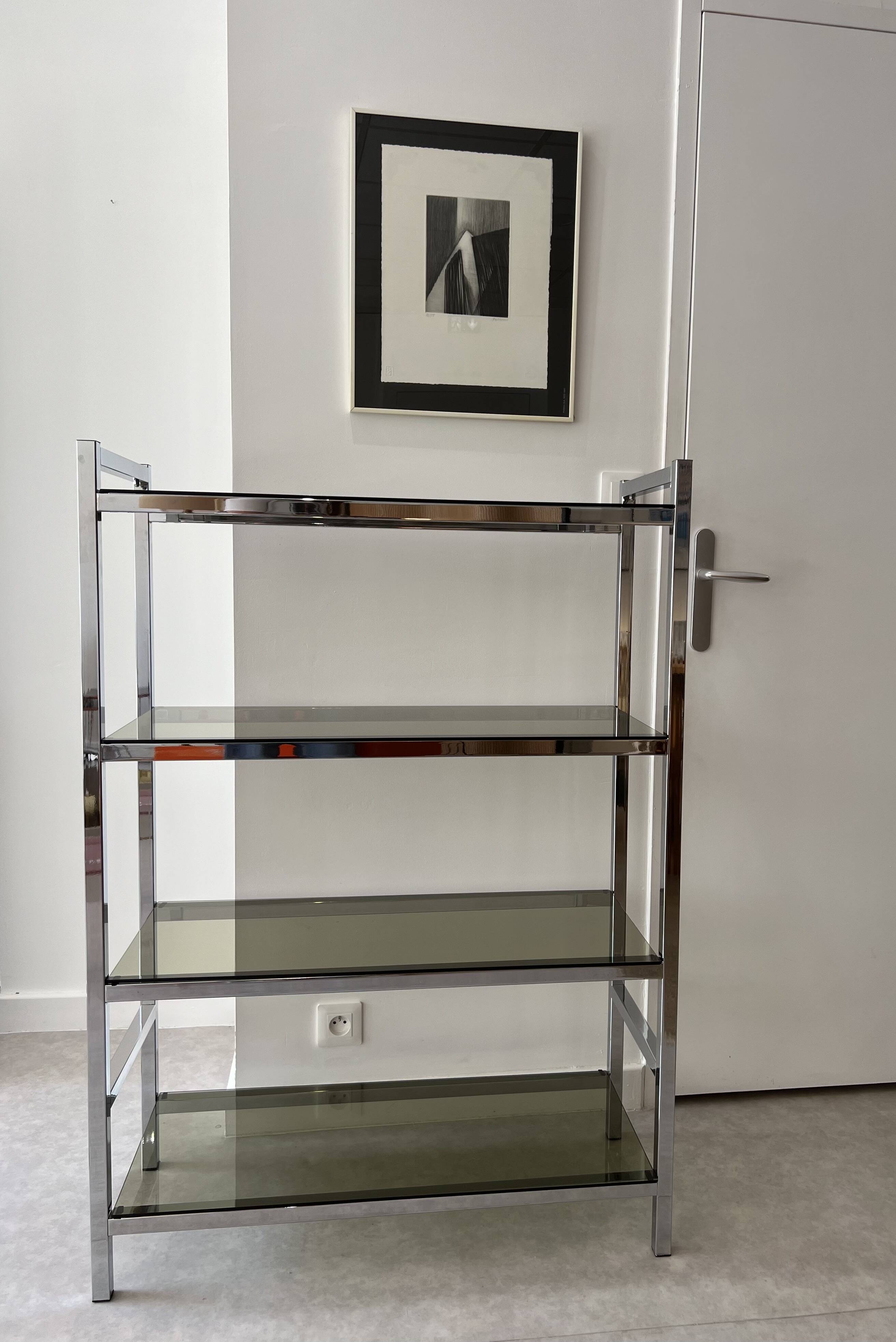 Chrome and smoked glass bookcase/shelf, circa 1970