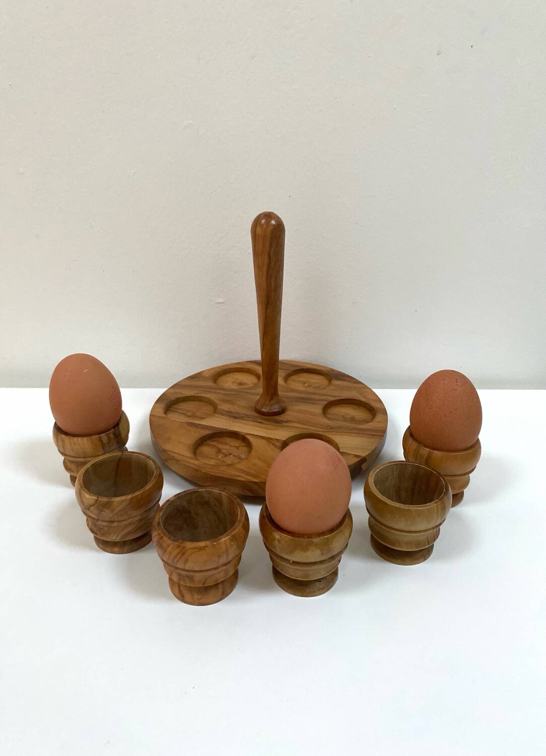 Set of 6 vintage olive wood egg cups