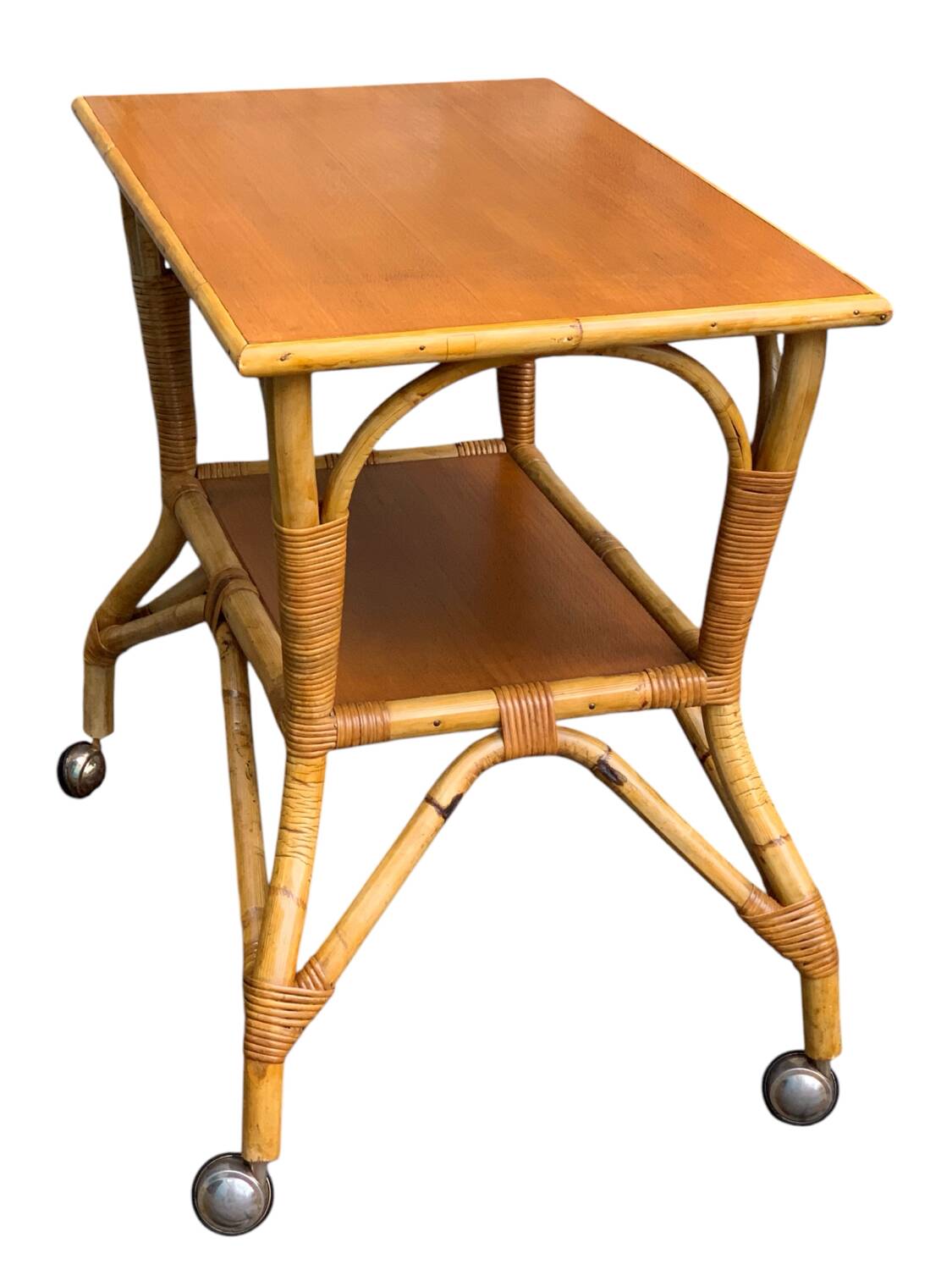 Vintage rattan and oak serving trolley 1960