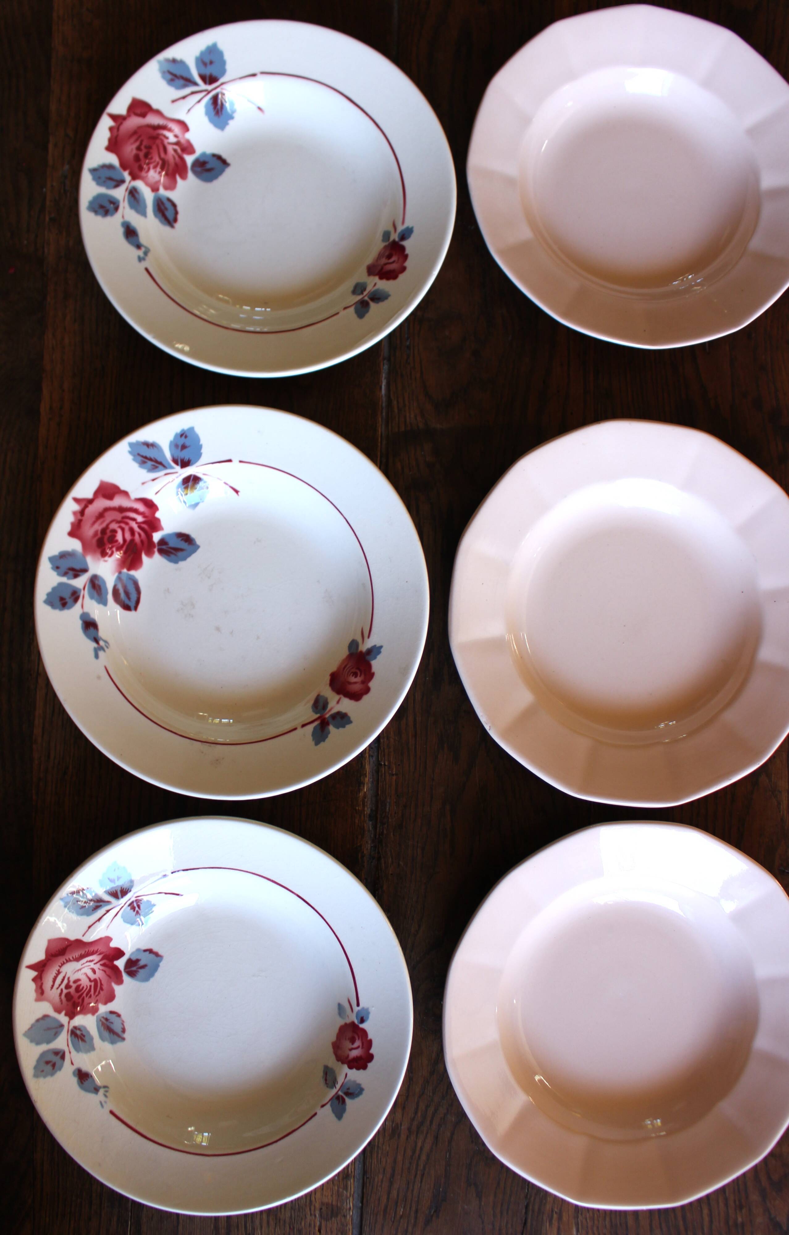 6 mismatched pink deep plates Digoin Badonviller Art Deco