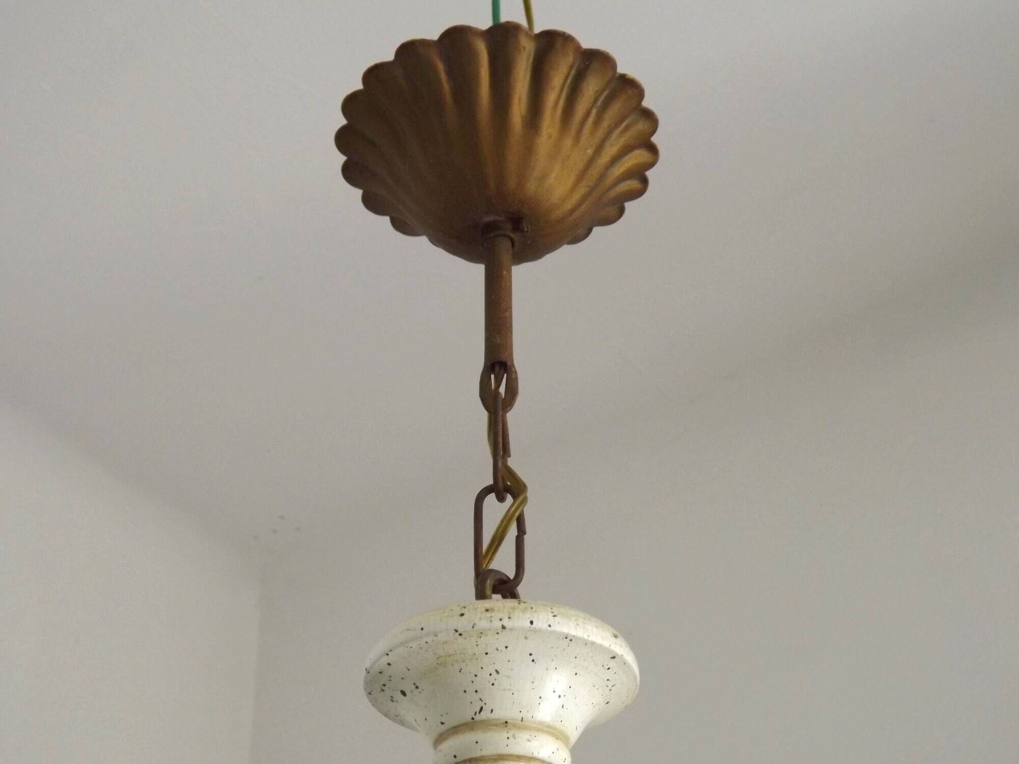Vintage French 3-Light Chandelier White Wood & Bronzed Effect Metal
