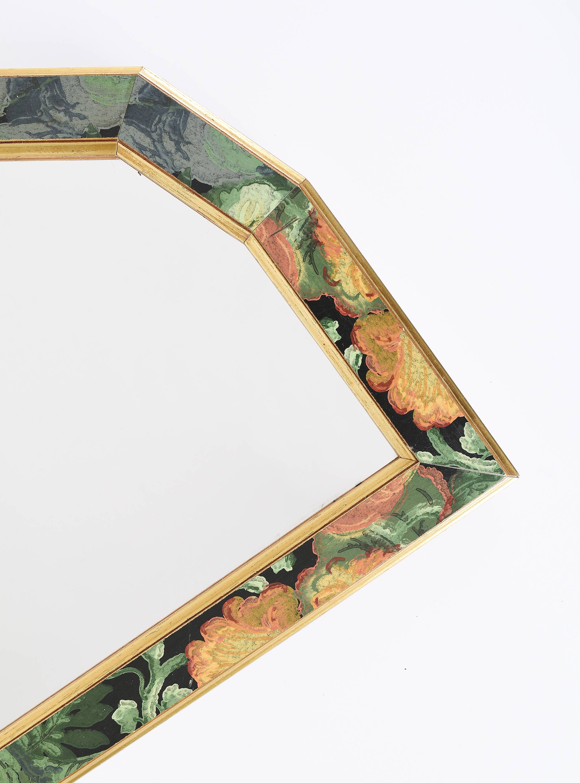 Old vintage octagonal mirror, floral patterns, green and gold