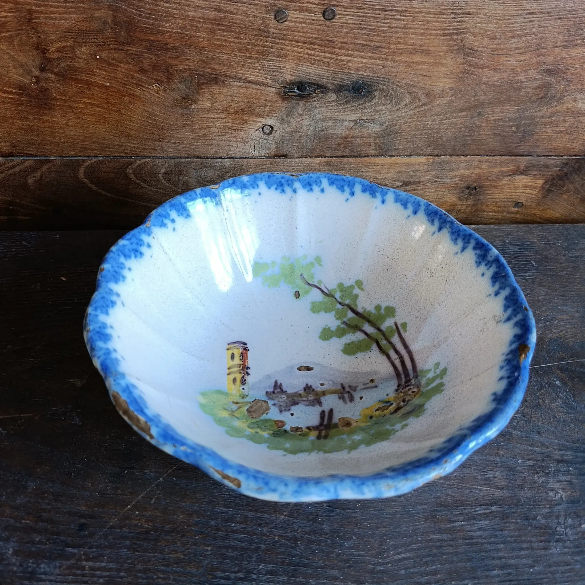 Antique French salad bowl from Martres-Tolosane, hand-painted landscape, bl