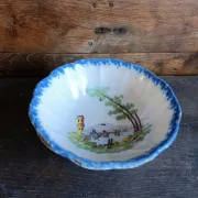 Antique French salad bowl from Martres-Tolosane, hand-painted landscape, bl