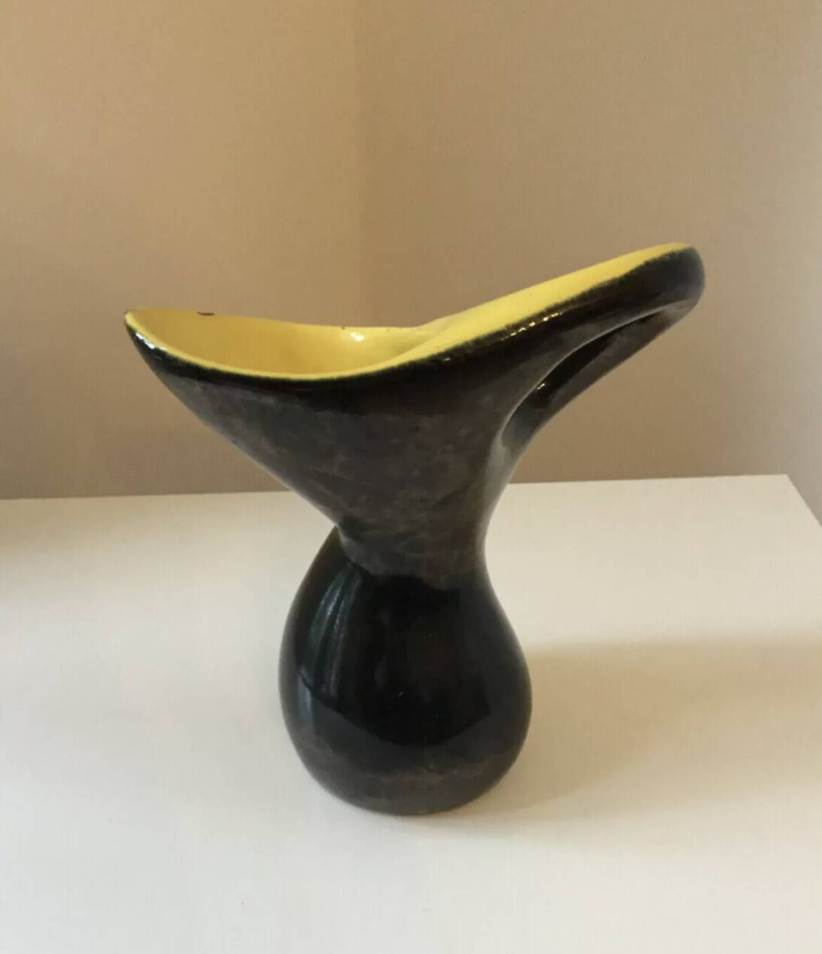 Vintage 1950s black and yellow ceramic vase in the Vallauris style