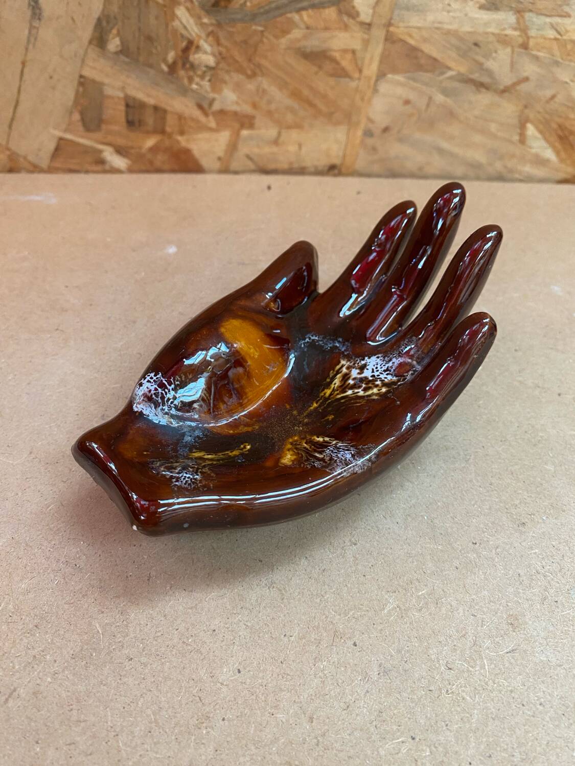 Old vallauris hand shaped brown ceramic pocket tray vintage decoration