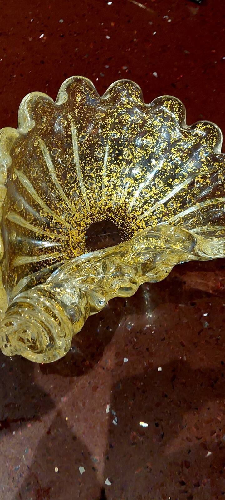 Murano glass bowl with gold flecks, 1960s shell design.