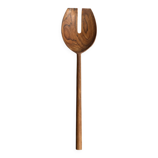 Couvert à salade ou cuiller spatule bout plat fendue en teck L30 D9x8