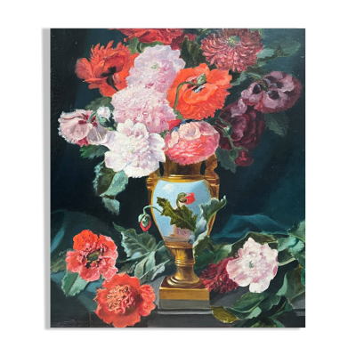 Tableau HST ''Bouquet de fleurs sur entablement'' signé fin XIX° siècle