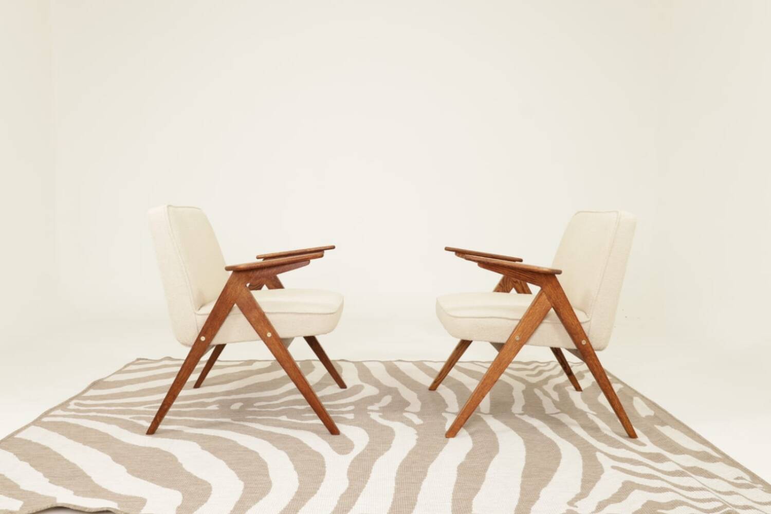 Fauteuils MID century chaise longue vintage en écru lot de 2 fauteuils