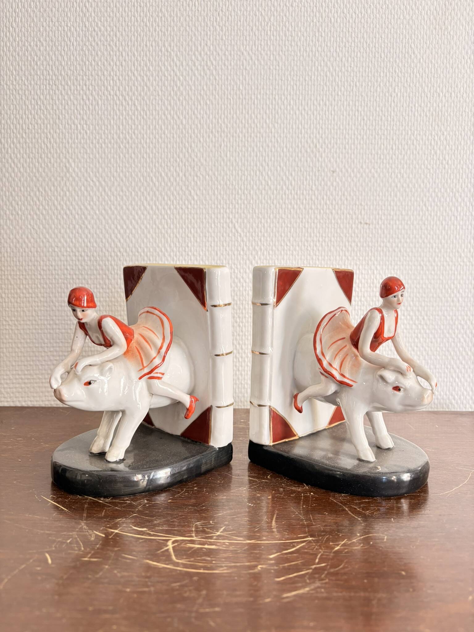 Old Pair of Bookends Porcelain White Girl Woman Equestrian Pig Art