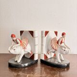 Old Pair of Bookends Porcelain White Girl Woman Equestrian Pig Art