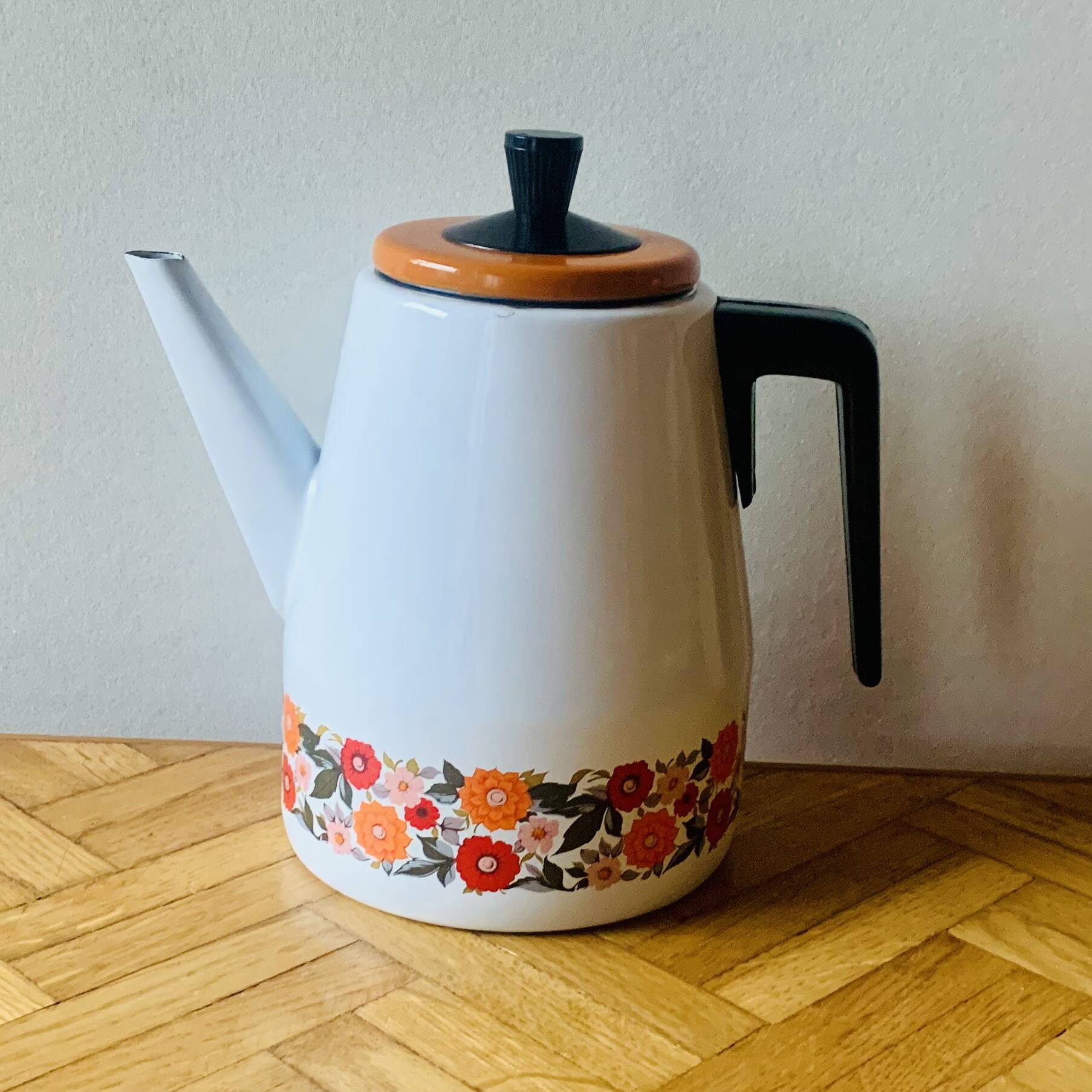 Vintage enameled metal coffee maker - floral decor