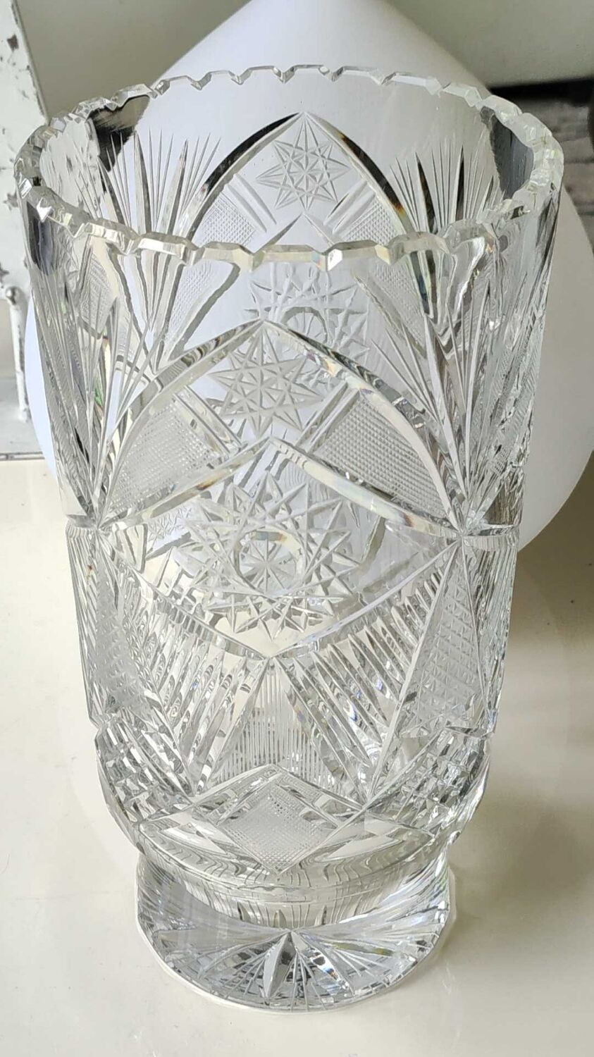 Vintage Bohemian crystal vase, sophisticated, geometric star patterns, high 25 cm