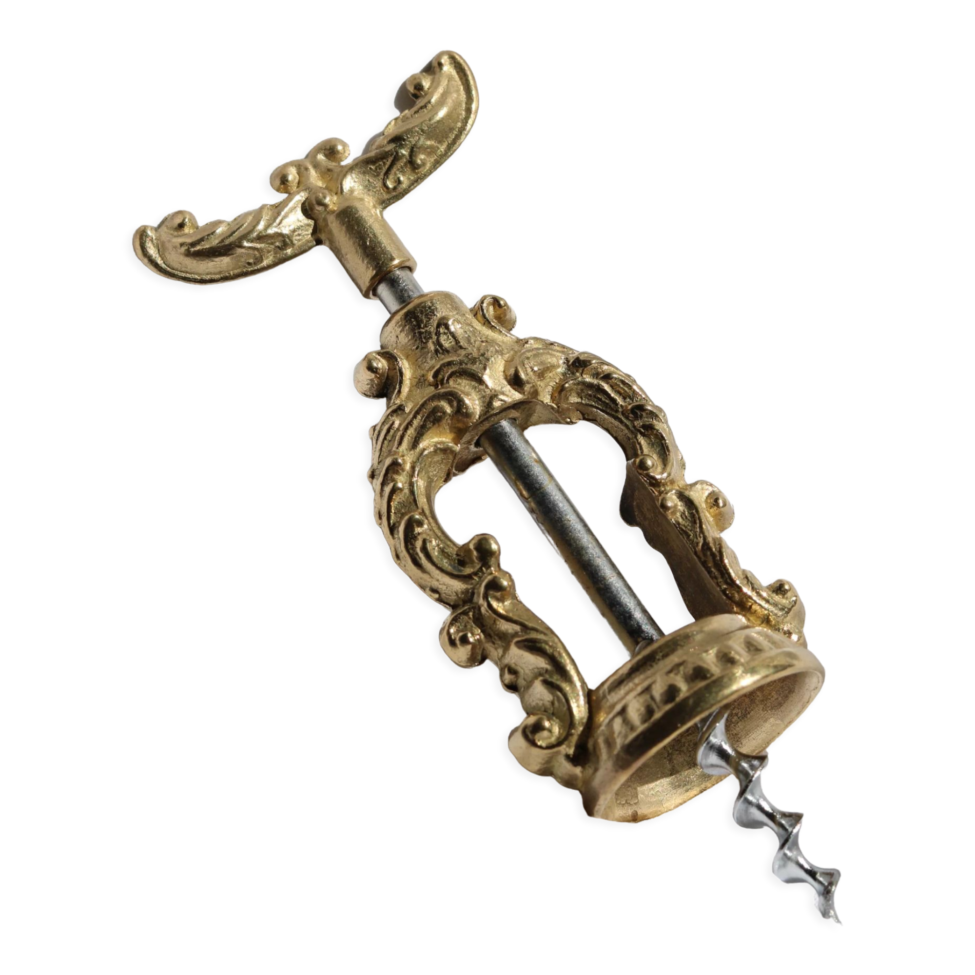 French ornate brass corkscrew wine opener